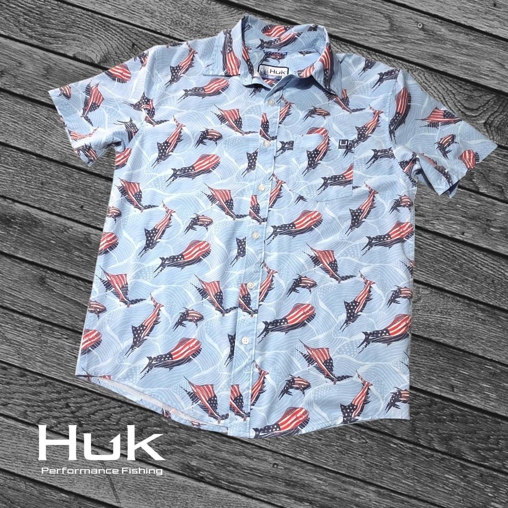 Huk Mens Kona KC Mist American Flag Winsurfer Fishing Shirt Blue S